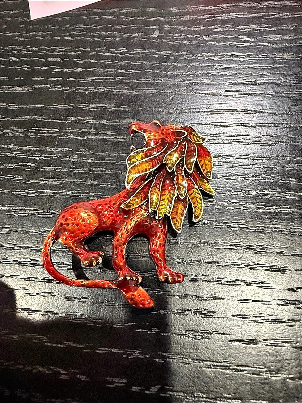Enamel Lion Brooch in Red & Gold Like New